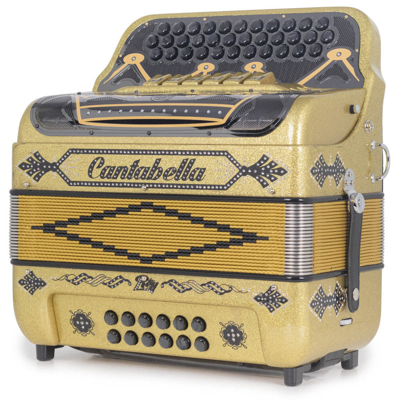Cantabella Rey II Accordion 6 Switches FBE/GCF Glossy Gold with Black Designs-accordion-Cantabella- Hermes Music