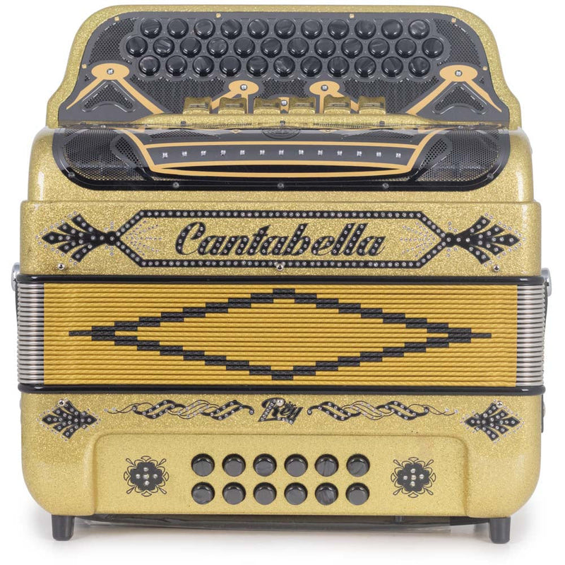 Cantabella Rey II Accordion 6 Switches FBE/GCF Glossy Gold with Black Designs-accordion-Cantabella- Hermes Music