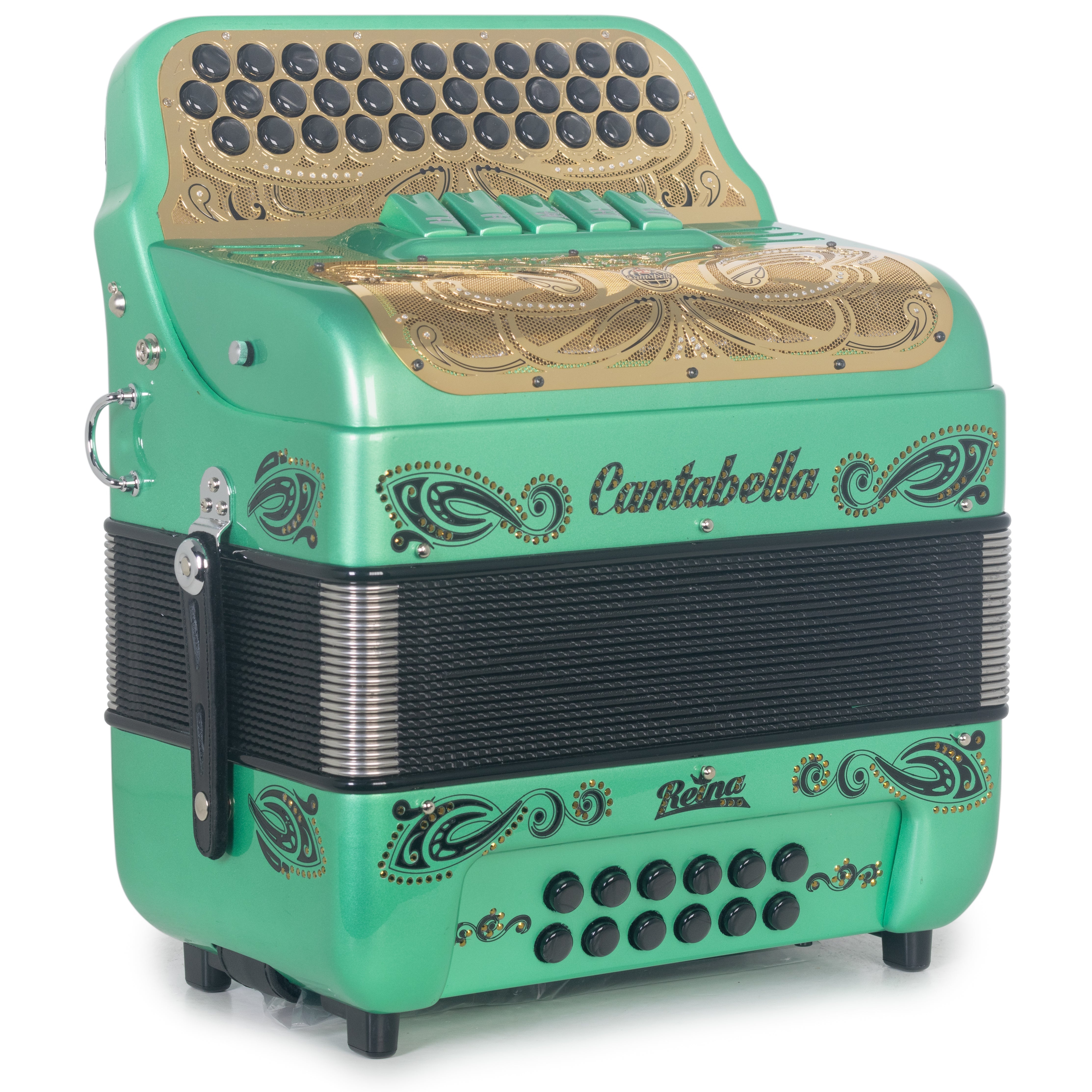 Cantabella Reina Accordion Ultra Compact 5 Switch FBE Ocean Green with Gold-Accordions & Concertinas-Cantabella- Hermes Music