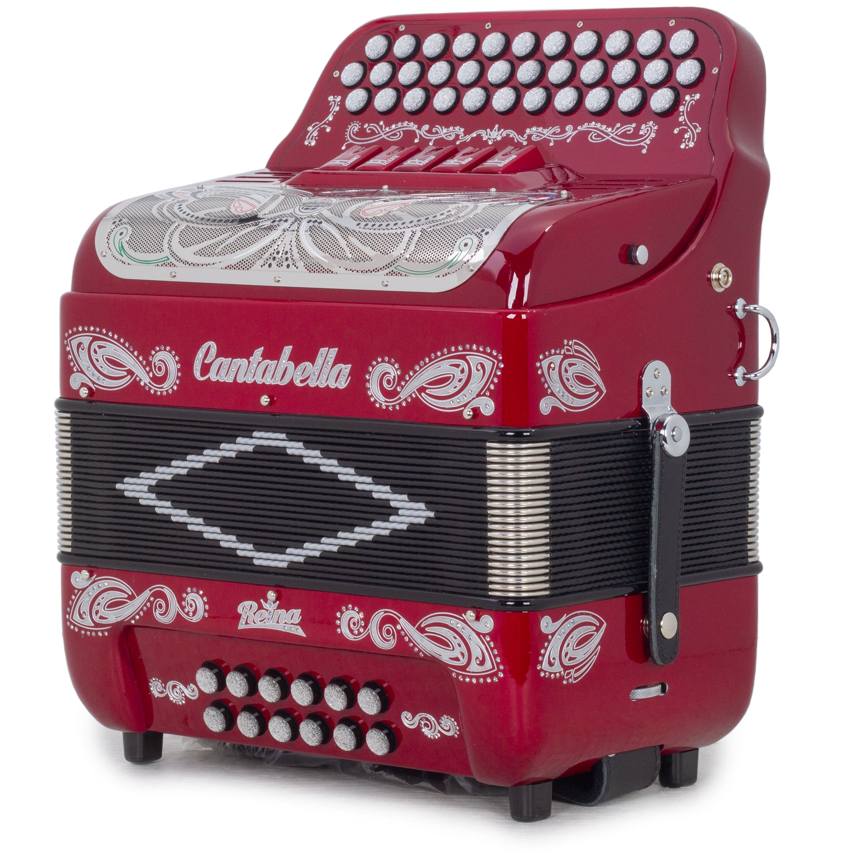 Cantabella Reina Accordion Ultra Compact 5 Switch GCF Maroon with Silver-Accordions & Concertinas-Cantabella- Hermes Music