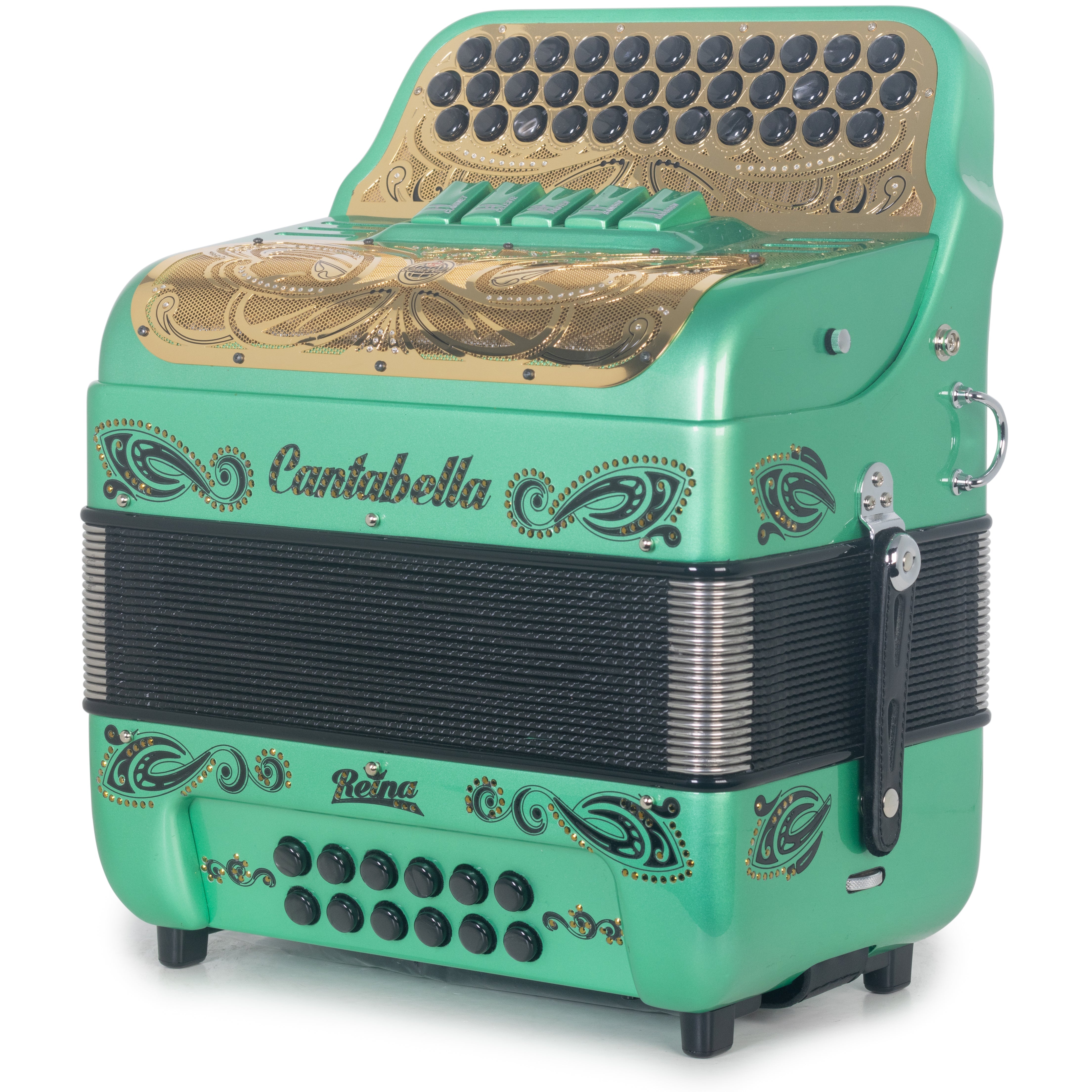 Cantabella Reina Accordion Ultra Compact 5 Switch GCF Ocean Green with Gold-Accordions & Concertinas-Cantabella- Hermes Music