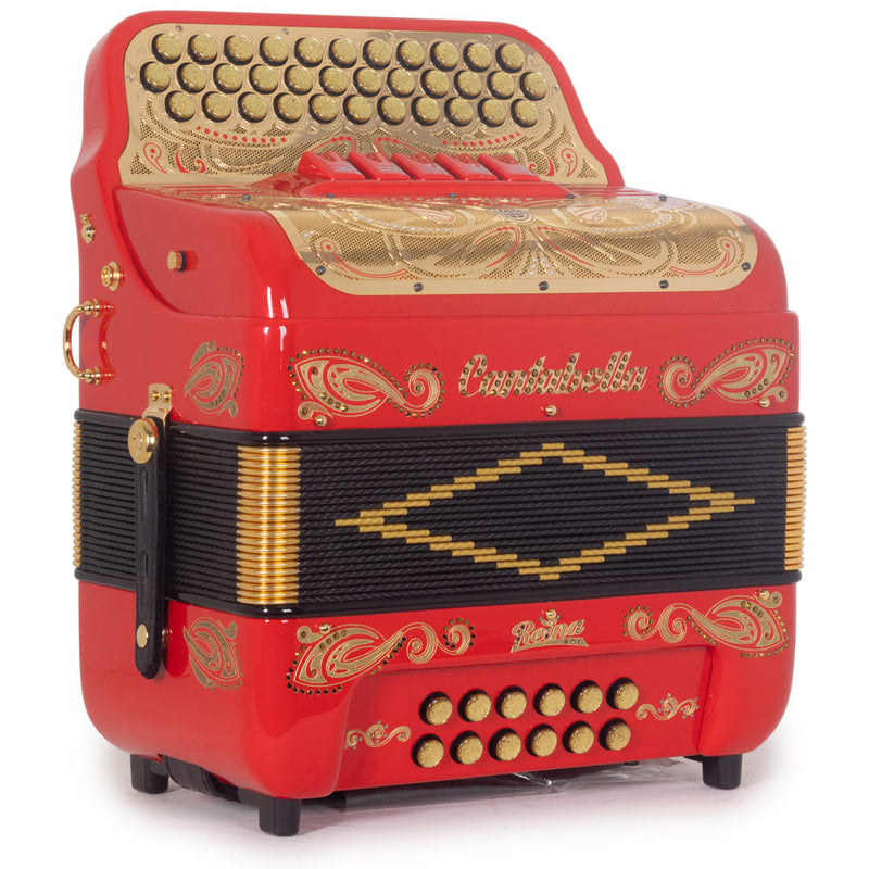 Cantabella Reina Ultra Compact Accordion 5 Switches FBE Red with Gold Designs-Accordions & Concertinas-Cantabella- Hermes Music