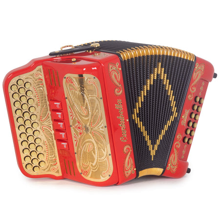 Cantabella Reina Ultra Compact Accordion 5 Switches FBE Red with Gold Designs-Accordions & Concertinas-Cantabella- Hermes Music