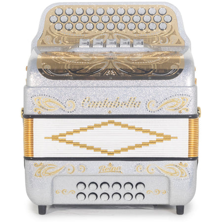 Cantabella Reina Ultra Compact Accordion 5SW FBE Silver Glitter with Gold Designs-Accordions & Concertinas-Cantabella- Hermes Music