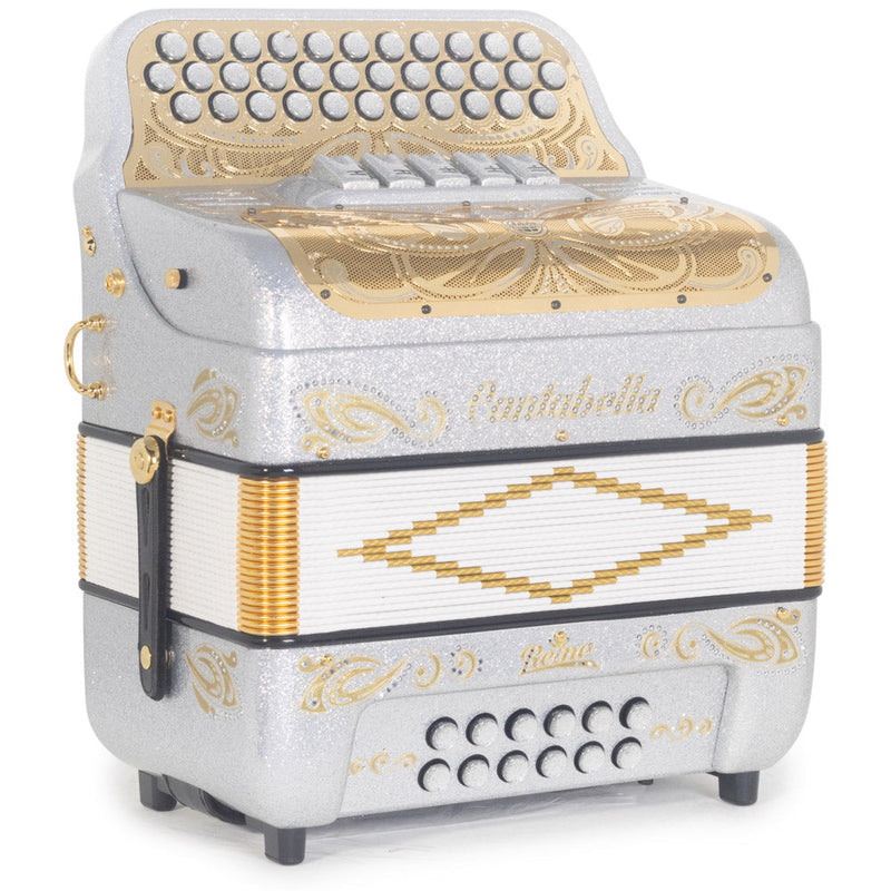 Cantabella Reina Ultra Compact Accordion 5SW FBE Silver Glitter with Gold Designs-Accordions & Concertinas-Cantabella- Hermes Music