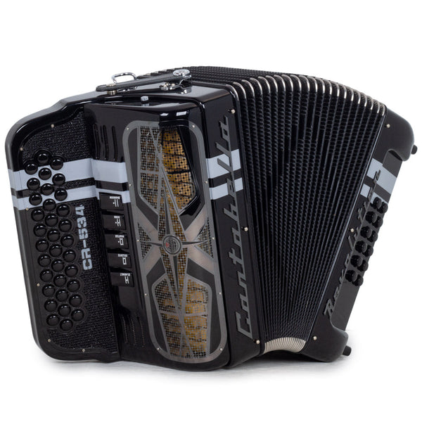 Cantabella Revolution Accordion 5 Switches FBE Glossy Black with White Designs-accordion-Cantabella- Hermes Music