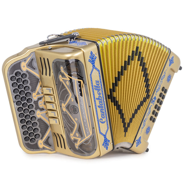 Cantabella Rey II 5 Switches FBE Glossy Gold with Blue Designs-accordion-Cantabella- Hermes Music