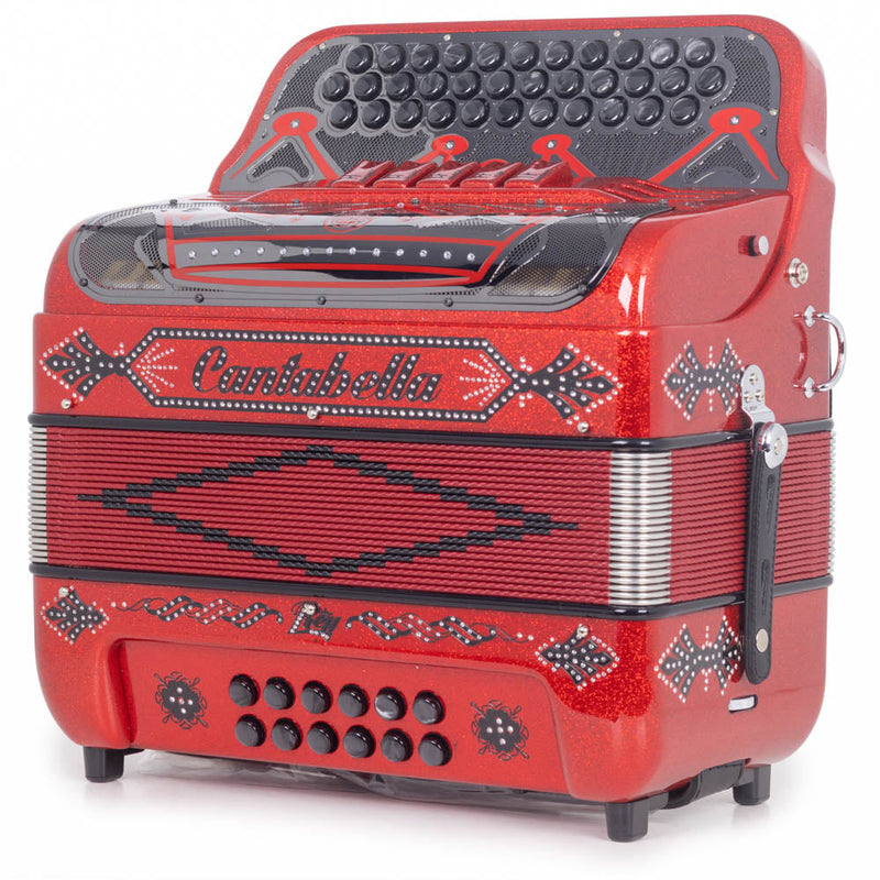 Cantabella Rey II 5 Switches FBE Red Glitter with Black Designs-accordion-Cantabella- Hermes Music