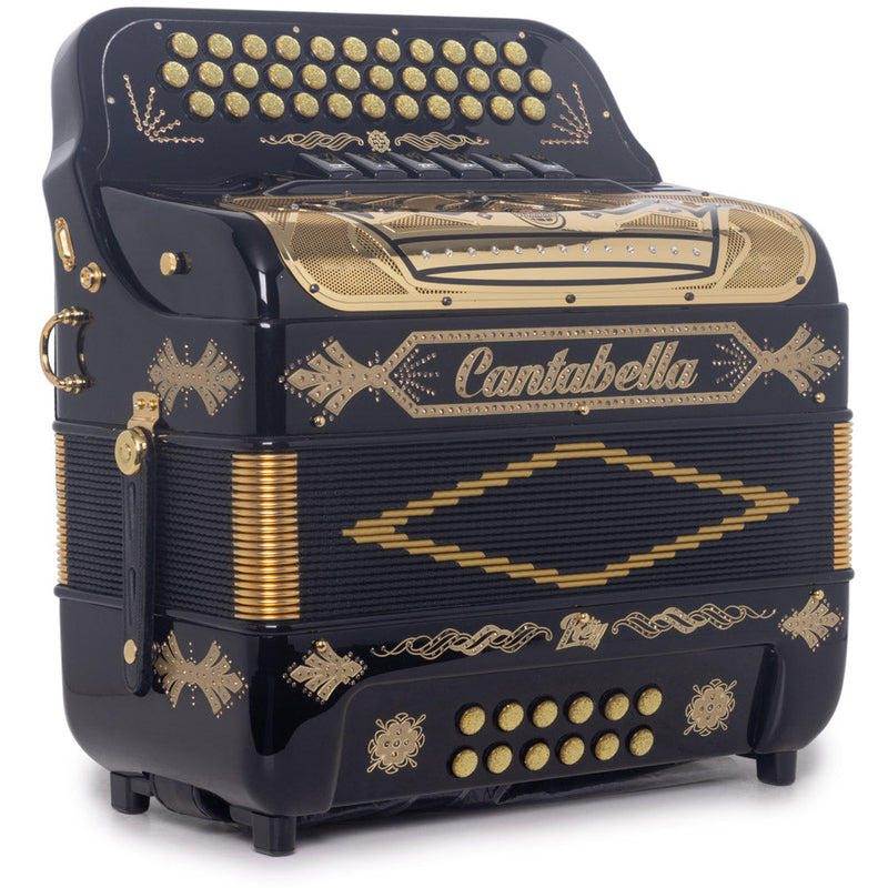 Cantabella Rey II Accordion 6 Switch GCF/EAD Black with Gold Designs-accordion-Cantabella- Hermes Music