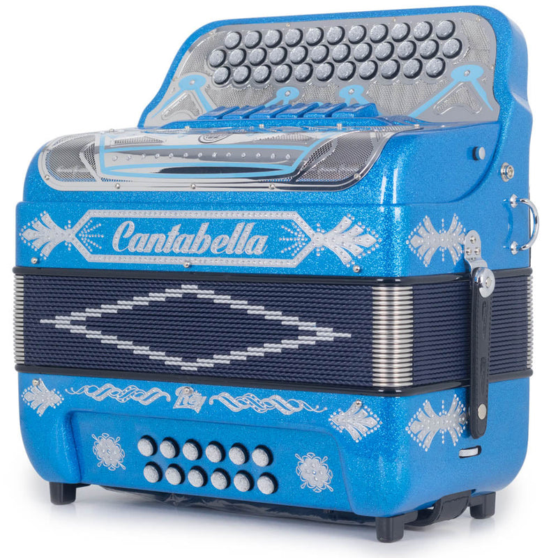 Cantabella Rey II Accordion 6 Switches FBE/EAD Blue Glitter with Silver Designs-accordion-Cantabella- Hermes Music