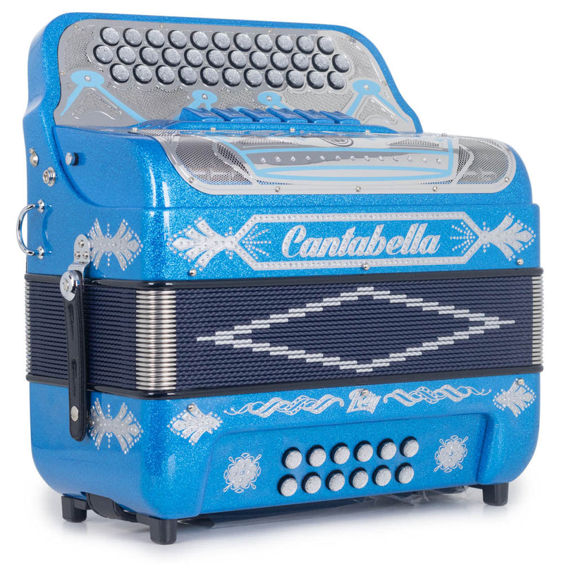 Cantabella Rey II Accordion 6 Switches FBE/EAD Blue Glitter with Silver Designs-accordion-Cantabella- Hermes Music