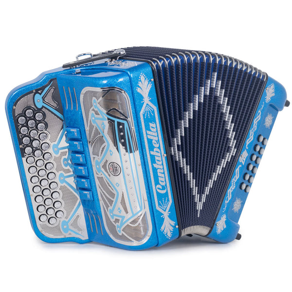 Cantabella Rey II Accordion 6 Switches FBE/EAD Blue Glitter with Silver Designs-accordion-Cantabella- Hermes Music