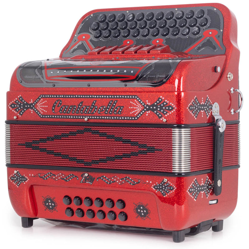 Cantabella Rey II Accordion 6 Switches FBE/EAD Red Glitter with Black Designs-accordion-Cantabella- Hermes Music