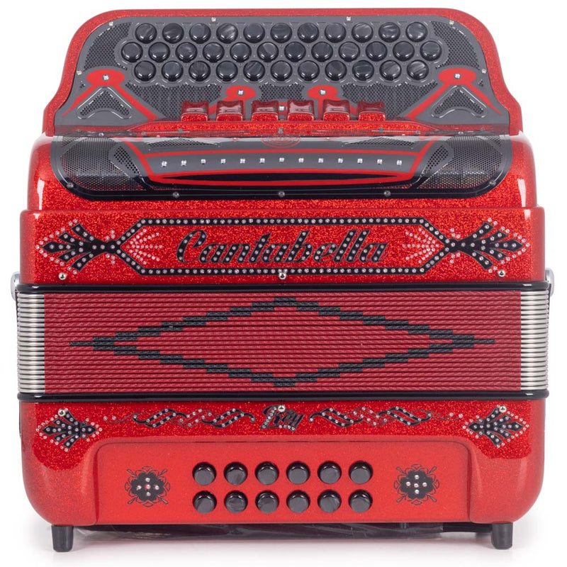 Cantabella Rey II Accordion 6 Switches FBE/EAD Red Glitter with Black Designs-accordion-Cantabella- Hermes Music