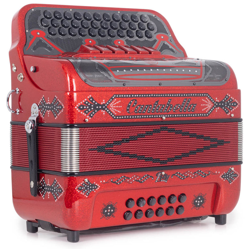 Cantabella Rey II Accordion 6 Switches FBE/EAD Red Glitter with Black Designs-accordion-Cantabella- Hermes Music