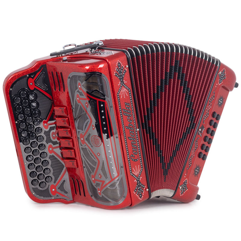 Cantabella Rey II Accordion 6 Switches FBE/EAD Red Glitter with Black Designs-accordion-Cantabella- Hermes Music