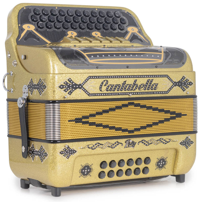 Cantabella Rey II Accordion 6 Switches FBE/GCF Glossy Gold with Black Designs-accordion-Cantabella- Hermes Music