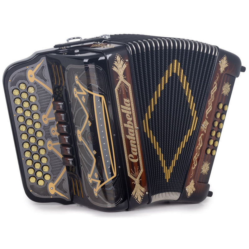 Cantabella Rey II Accordion 6 Switches FBE/GCF Glossy Wood with Tan Designs-accordion-Cantabella- Hermes Music