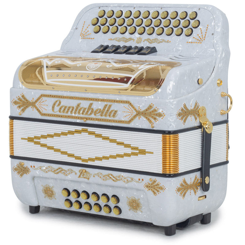 Cantabella Rey II Accordion FBE 5 Switches White with Gold Designs-accordion-Cantabella- Hermes Music