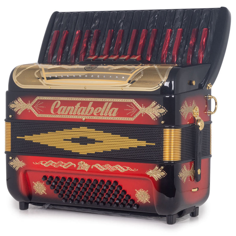 Cantabella Rey Piano Accordion 5 Switches Black and Red with Gold Grill-accordion-Cantabella- Hermes Music