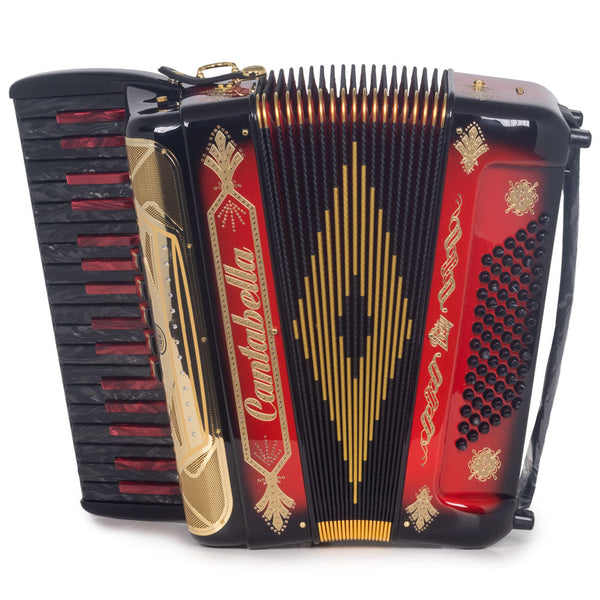 Cantabella Rey Piano Accordion 5 Switches Black and Red with Gold Grill-accordion-Cantabella- Hermes Music