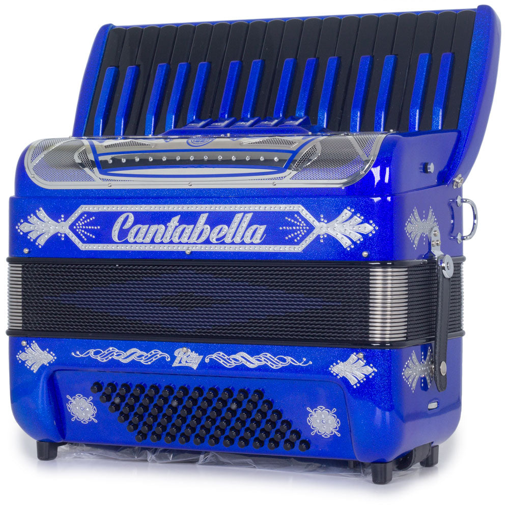 Cantabella Rey Piano Accordion 5 Switches Navy Blue Glitter with White Designs-accordion-Cantabella- Hermes Music
