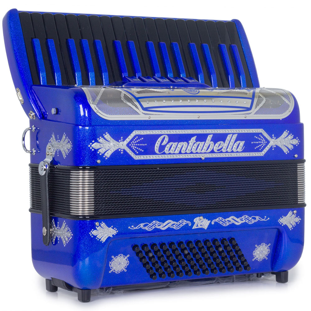 Cantabella Rey Piano Accordion 5 Switches Navy Blue Glitter with White Designs-accordion-Cantabella- Hermes Music