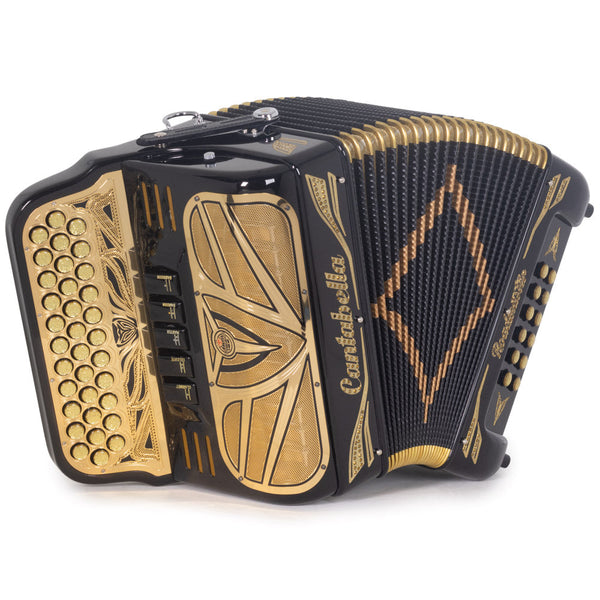 Cantabella Roadmaster Ultra Compact Accordion 5 Switches FBE Black with Gold Designs-accordion-Cantabella- Hermes Music