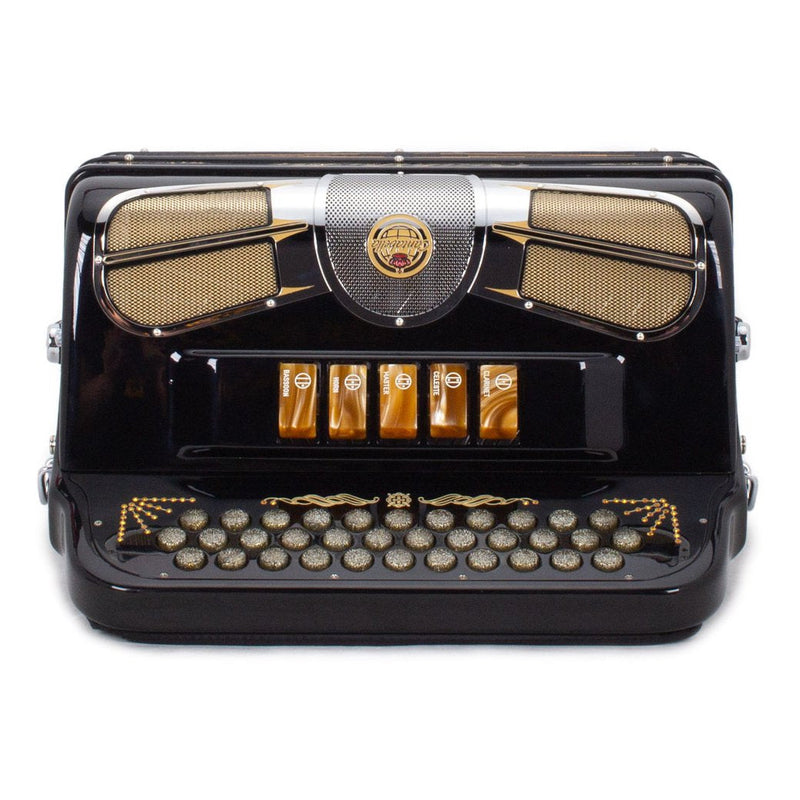Cantabella Única Accordion 5 Switches EAD Black with Gold Designs-accordion-Cantabella- Hermes Music