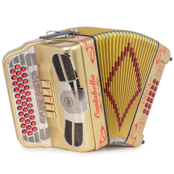 Cantabella Única Accordion 5 Switches FBE Gold with Red Designs-accordion-Cantabella- Hermes Music