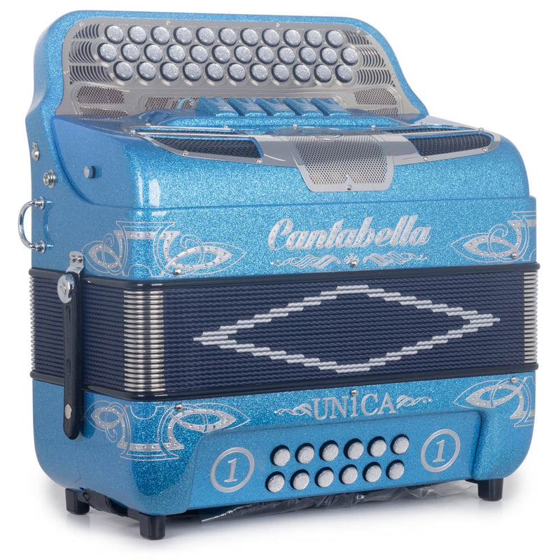Cantabella Única Accordion 5 Switches FBE Light Blue Glitter with Silver Designs-accordion-Cantabella- Hermes Music