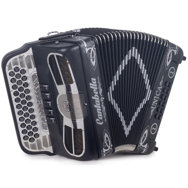 Cantabella Única Accordion 5 Switches GCF Matte Black with White Designs-accordion-Cantabella- Hermes Music