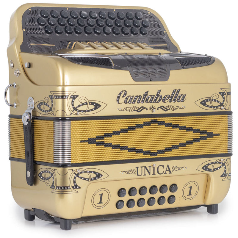 Cantabella Única Accordion 6 Switches FBE/GCF Gold with Black Designs; Harmonik Mic Installed-accordion-Cantabella- Hermes Music