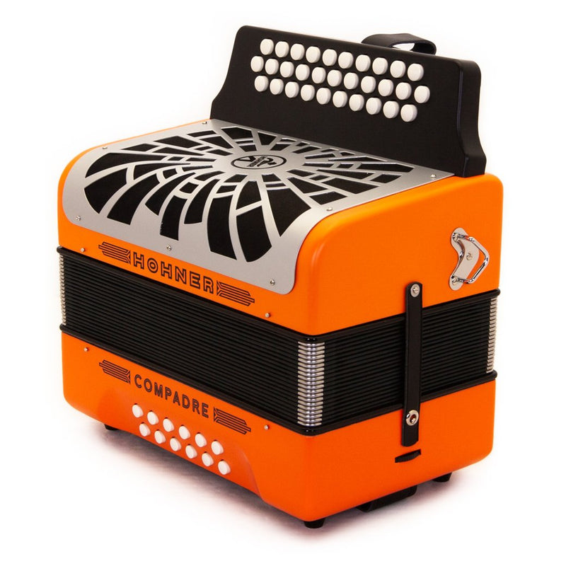 Hohner Compadre FBE Orange with Gray Grill and Cantabella Straps Bundle-accordion-Hohner- Hermes Music