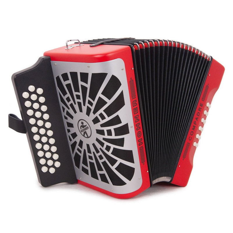 Hohner Compadre FBE Red with Gray Grill and Cantabella Straps Bundle-accordion-Hermes Music- Hermes Music
