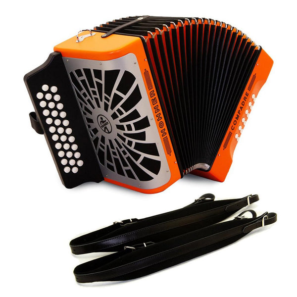 Hohner Compadre GCF Orange with Gray Grill and Cantabella Straps Bundle-accordion-Hohner- Hermes Music
