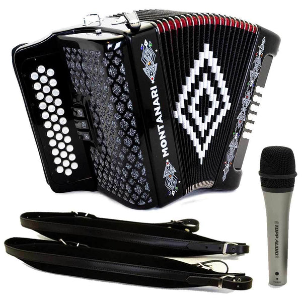 Montanari 3412 3 Swich Accordion FBE Black with Cantabella Straps and Microphone Bundle-bundle-Hermes Music- Hermes Music