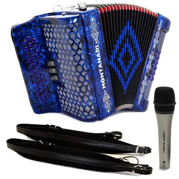 Montanari 3412 3 Switch Accordion FBE Blue with Cantabella Straps and Microphone Bundle-bundle-Hermes Music- Hermes Music