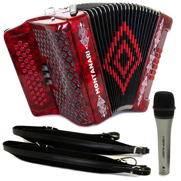 Montanari 3412 Accordion 3 Switch EAD Red Includes Cantabella Straps and Microphone-bundle-Montanari- Hermes Music