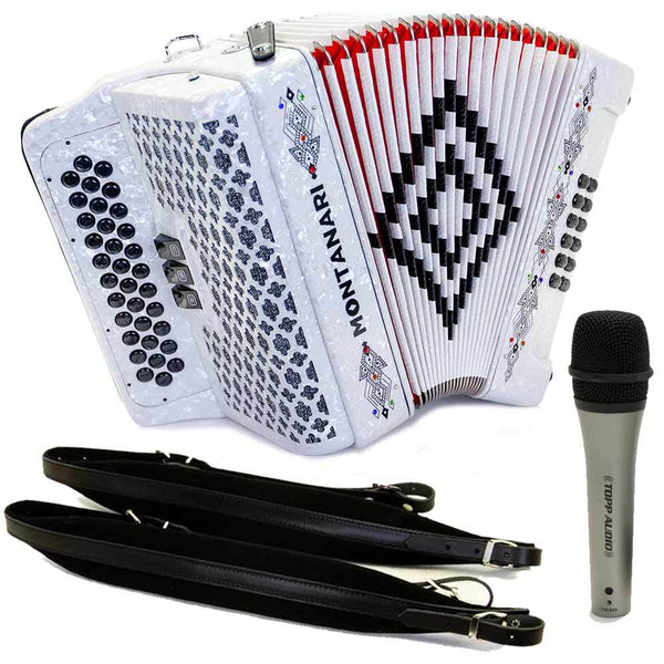Montanari 3412 Accordion 3 Switch EAD White Includes Cantabella Straps and Microphone-bundle-Montanari- Hermes Music