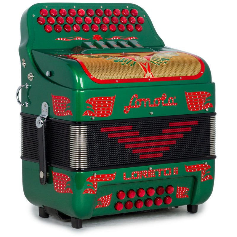 Sonola Loreto II Accordion 5 Switch GCF Green, Red, and Gold-accordion-Sonola- Hermes Music