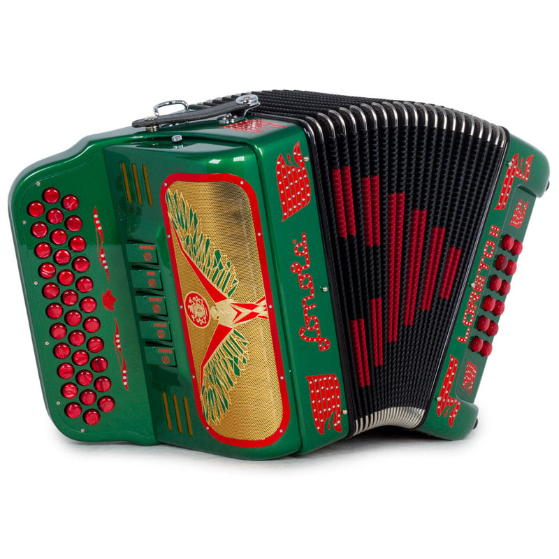 Sonola Loreto II Accordion 5 Switch GCF Green, Red, and Gold-accordion-Sonola- Hermes Music