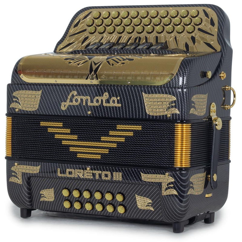 Sonola Loreto III Accordion 6 Switch FBE/EAD Carbon Fiber Black with Gold-accordion-Sonola- Hermes Music