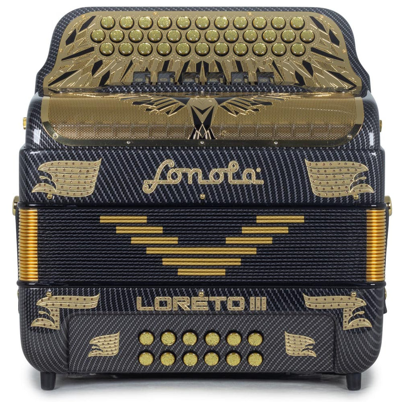 Sonola Loreto III Accordion 6 Switch FBE/EAD Carbon Fiber Black with Gold-accordion-Sonola- Hermes Music