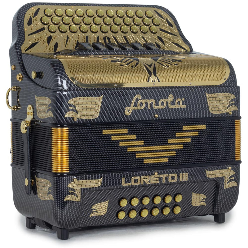 Sonola Loreto III Accordion 6 Switch FBE/EAD Carbon Fiber Black with Gold-accordion-Sonola- Hermes Music