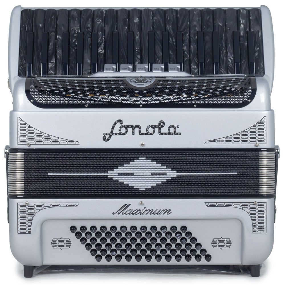 Sonola Maximum Piano Accordion 5 Switch Glossy Silver with Black Designs-accordion-Sonola- Hermes Music