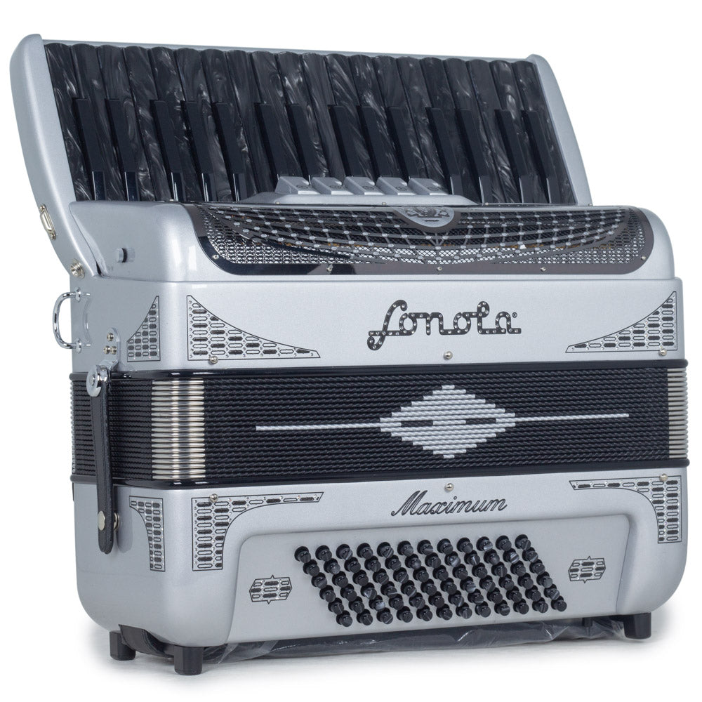 Sonola Maximum Piano Accordion 5 Switch Glossy Silver with Black Designs-accordion-Sonola- Hermes Music