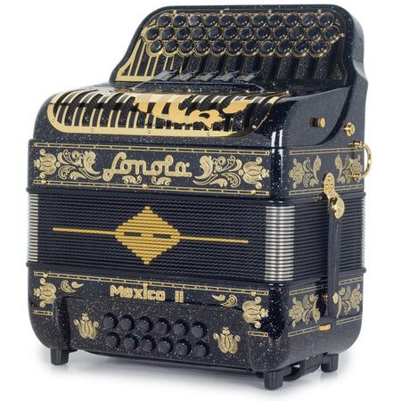 Sonola Mexico II Ultra Compact Accordion 5 Switches GCF Black Glitter with Gold Designs-accordion-Sonola- Hermes Music