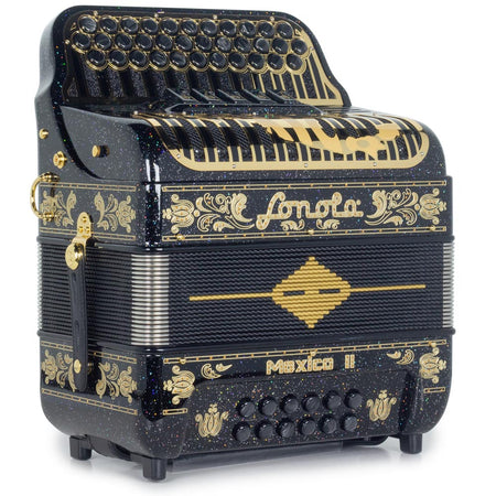 Sonola Mexico II Ultra Compact Accordion 5 Switches GCF Black Glitter with Gold Designs-accordion-Sonola- Hermes Music