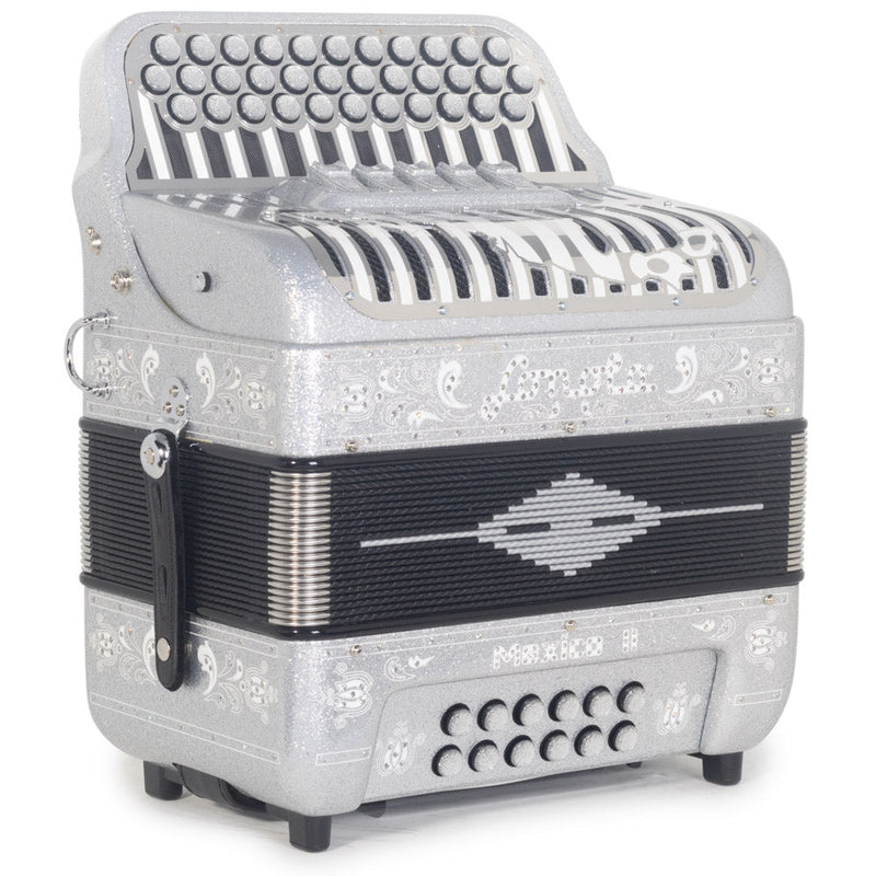 Sonola Mexico II Ultra Compact Accordion FBE 5 Switch Silver Glitter with White Designs-Accordions & Concertinas-Sonola- Hermes Music